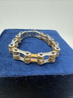Women stainless steel Two Tone Rhinestone Chain Link gold/Silver biker bracelet
